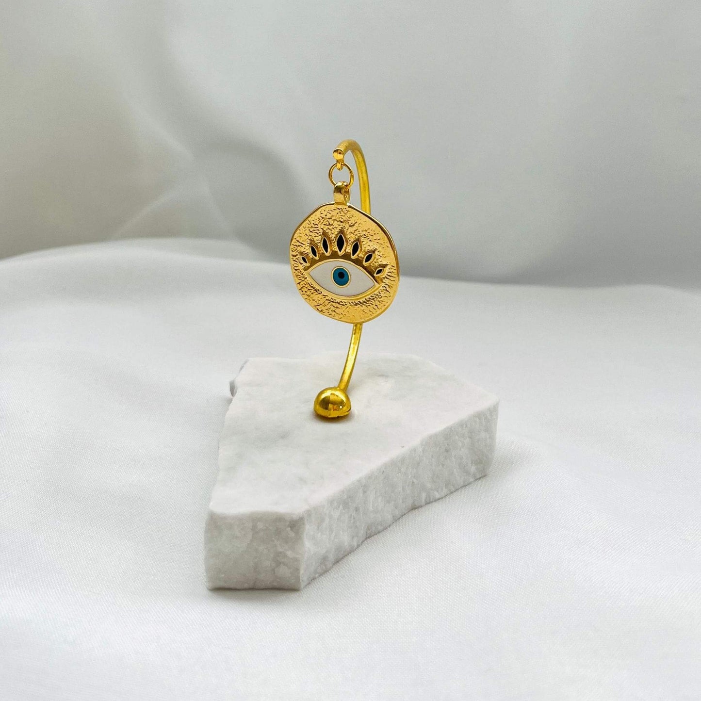 Evil Eye Gold Amulet Plated on White Marble – My Christening Box (Front View)