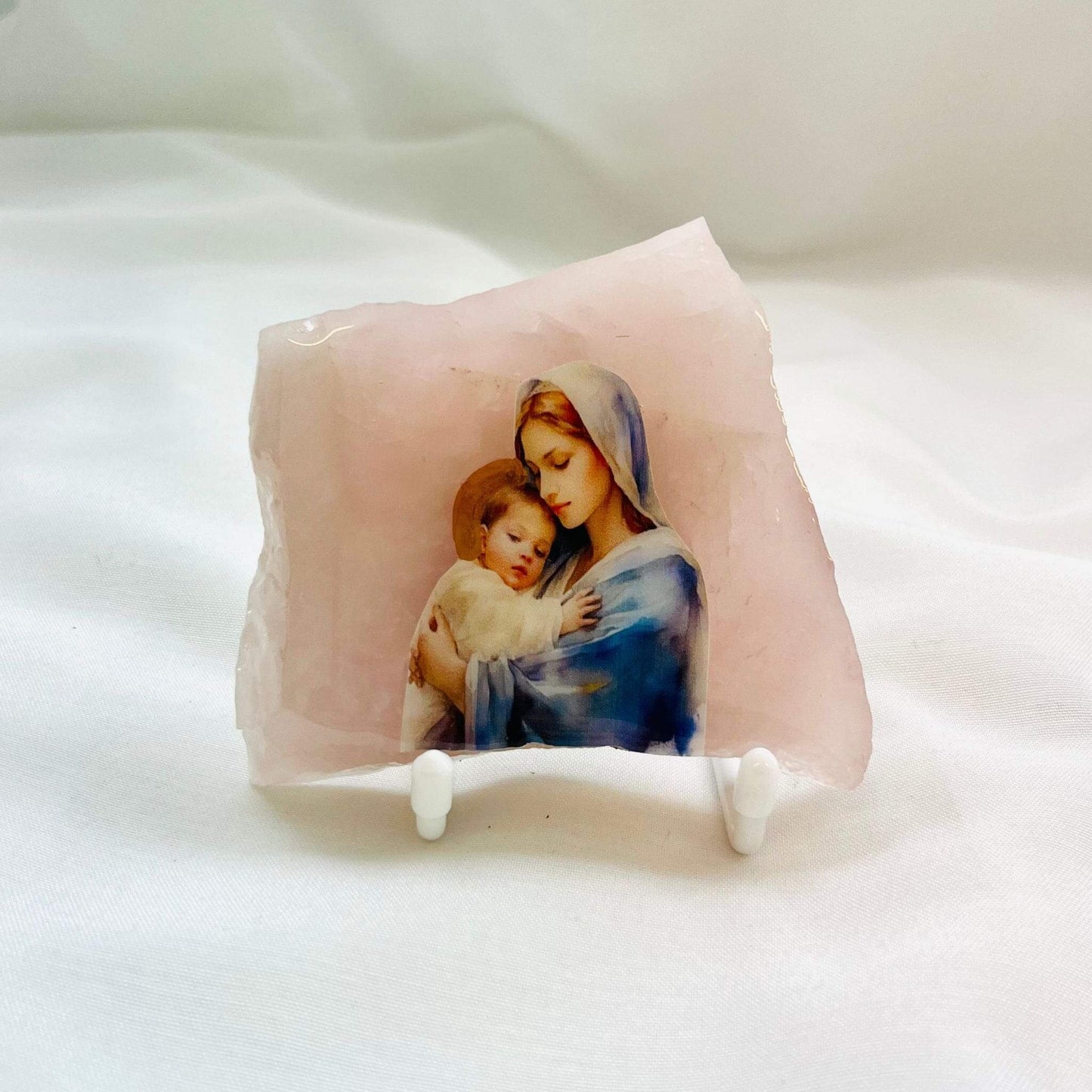 Handcrafted Mary and Jesus Catholic Icon on Rose Quartz