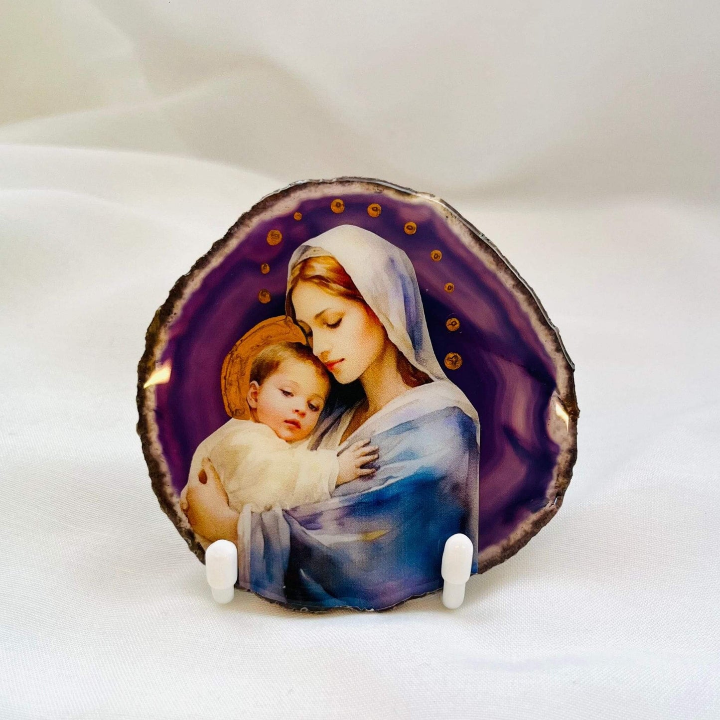 Mary and Jesus Catholic Icon on Brazilian Agate Crystal