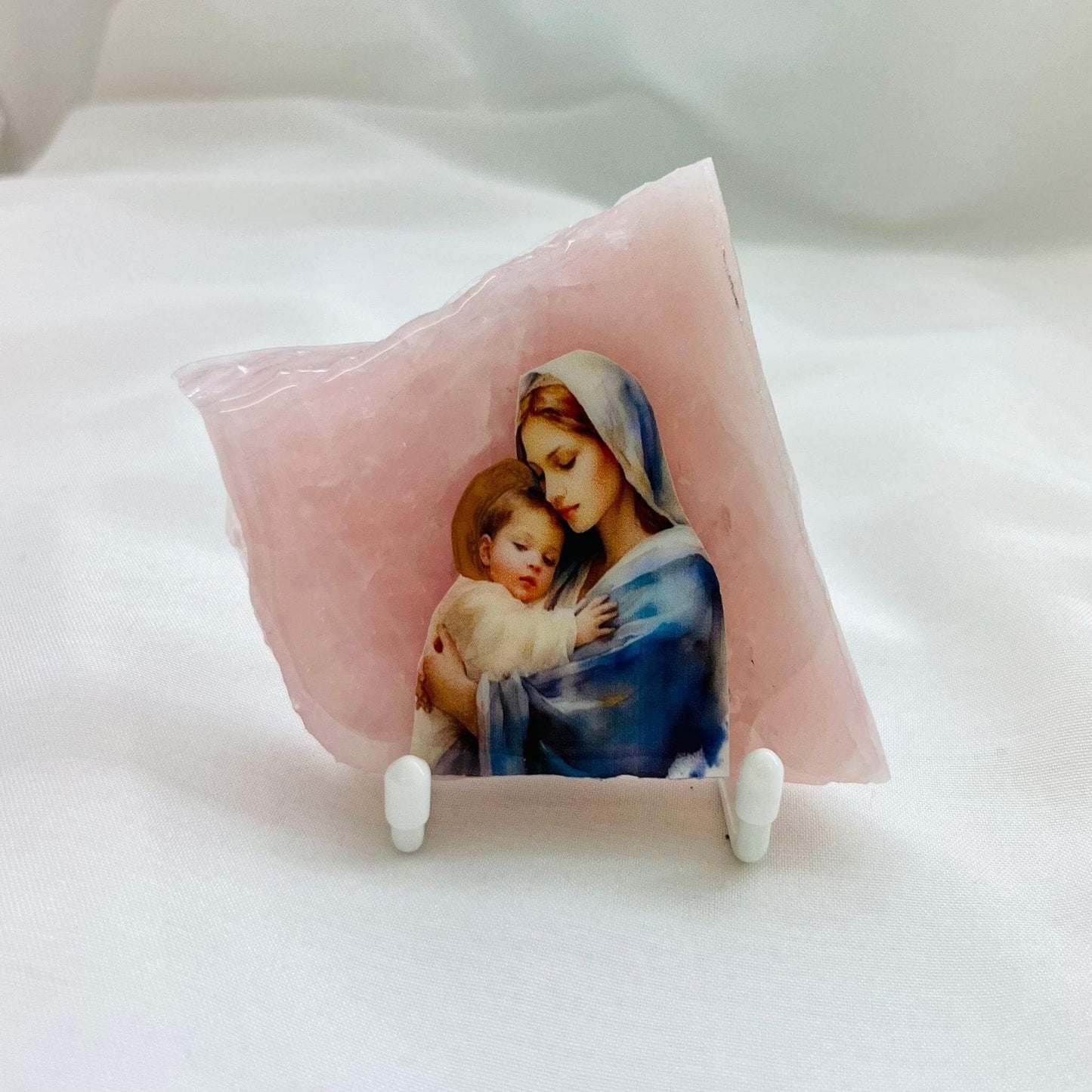 Mary and Jesus Catholic Icon - Rose quartz