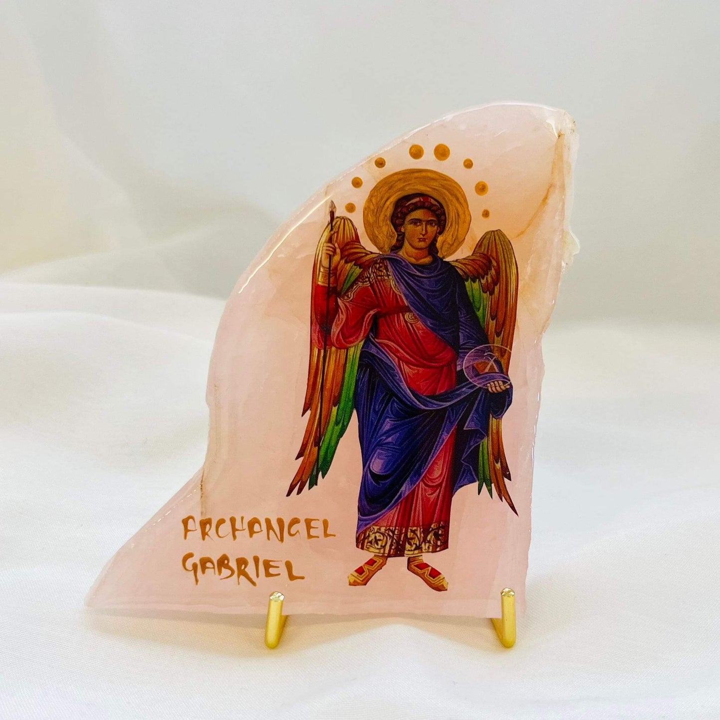 Archangel Gabriel Orthodox Icon on Rose Quartz