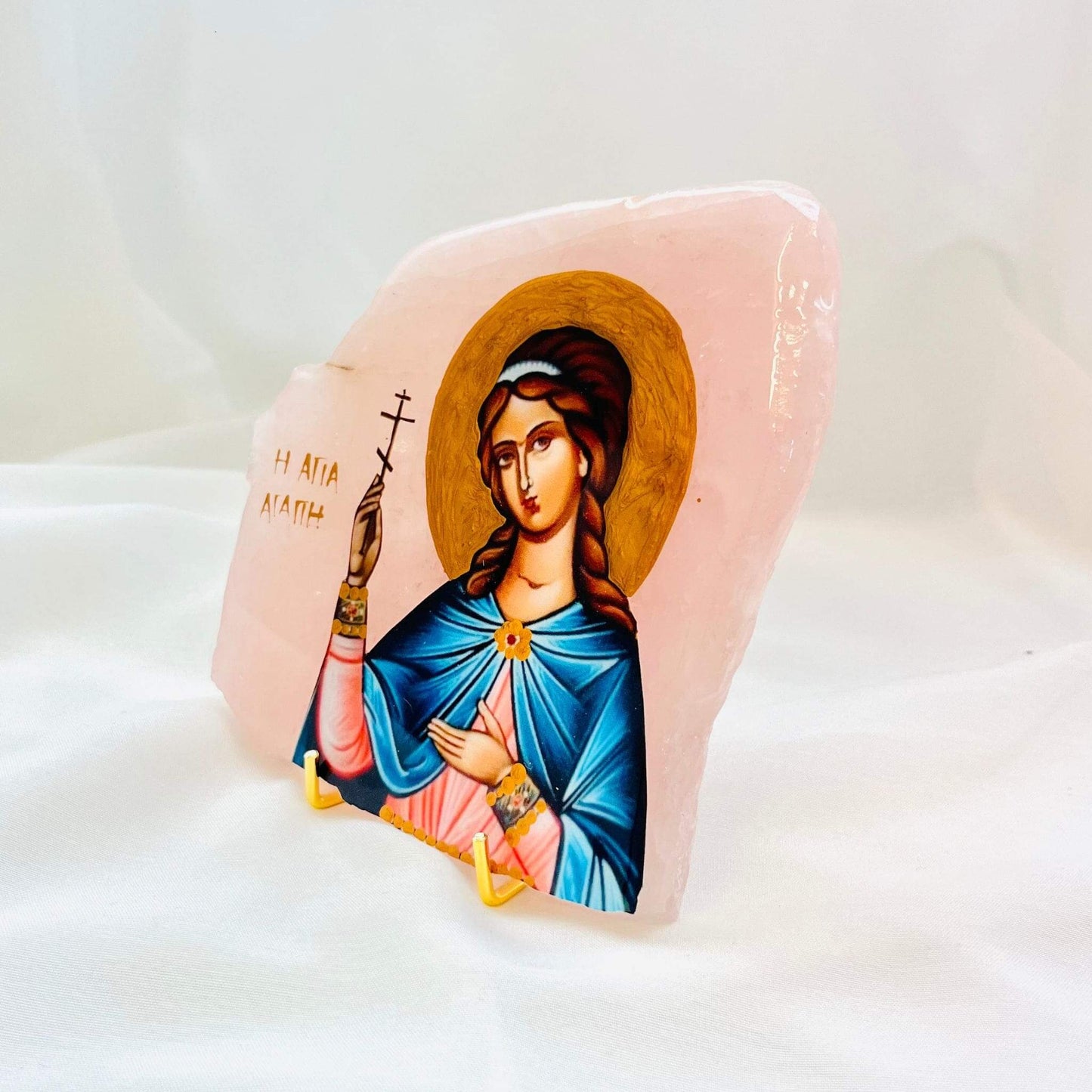 Agia Agape Saint Love Orthodox Icon on Rose Quartz