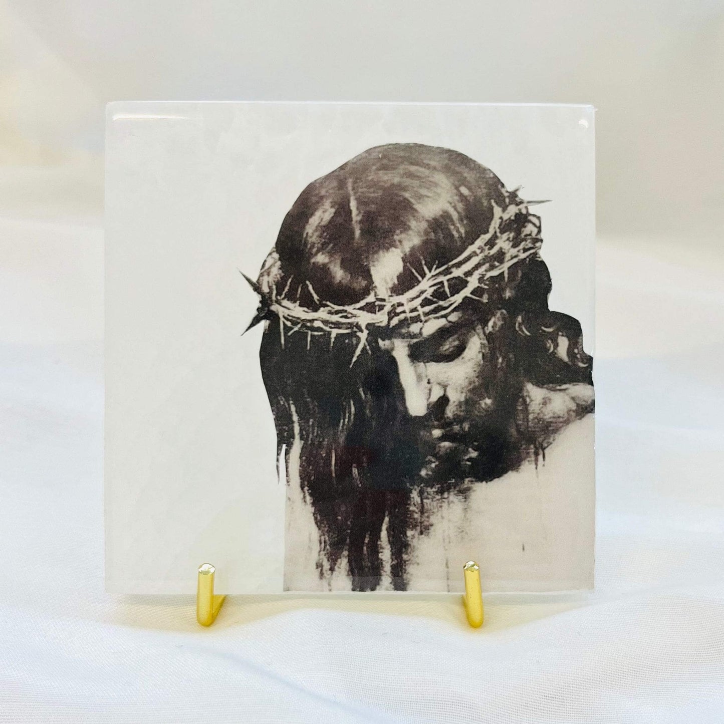 Jesus with Crown of Thorns Catholic Icon on Selenite