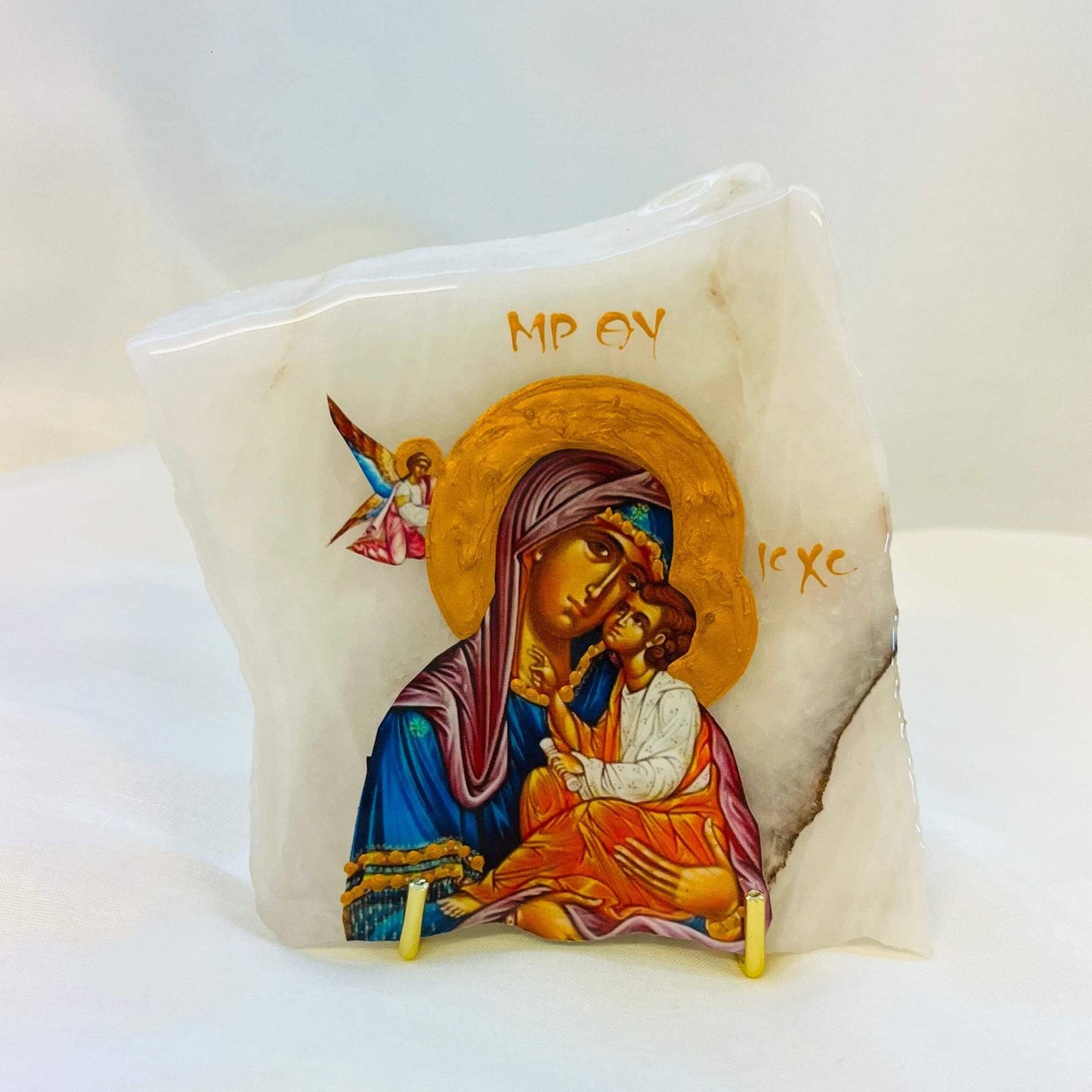 Panayia Mary and Jesus Orthodox Icon on Pink Onyx