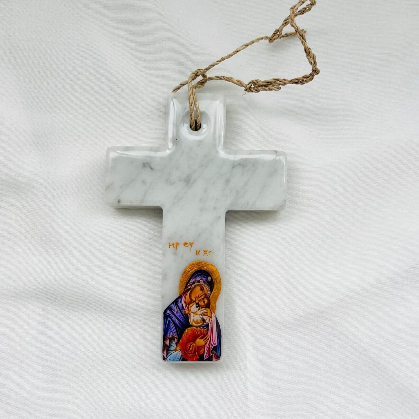 Panayia Mary and Jesus Orthodox Cross Icon on Carrara Marble