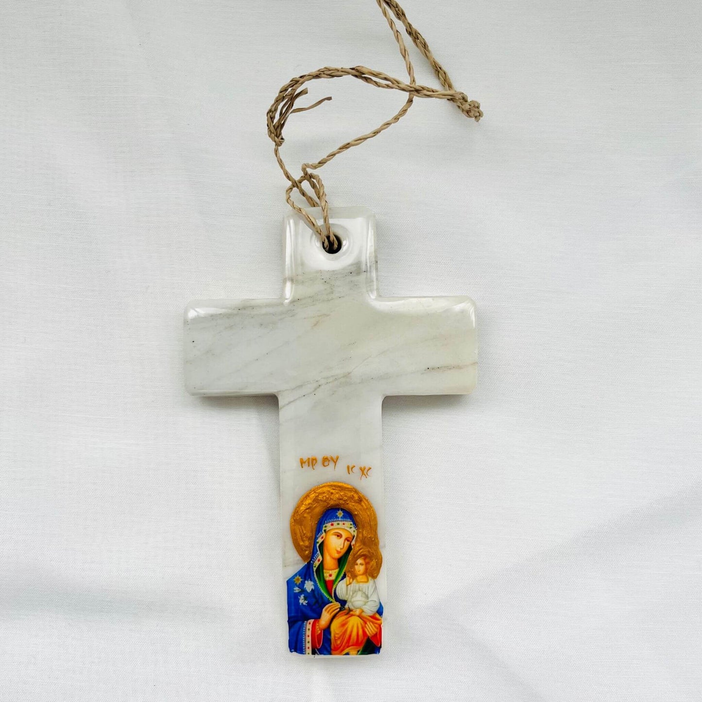 Panayia Mary and Jesus Orthodox Cross Icon on Carrara Marble