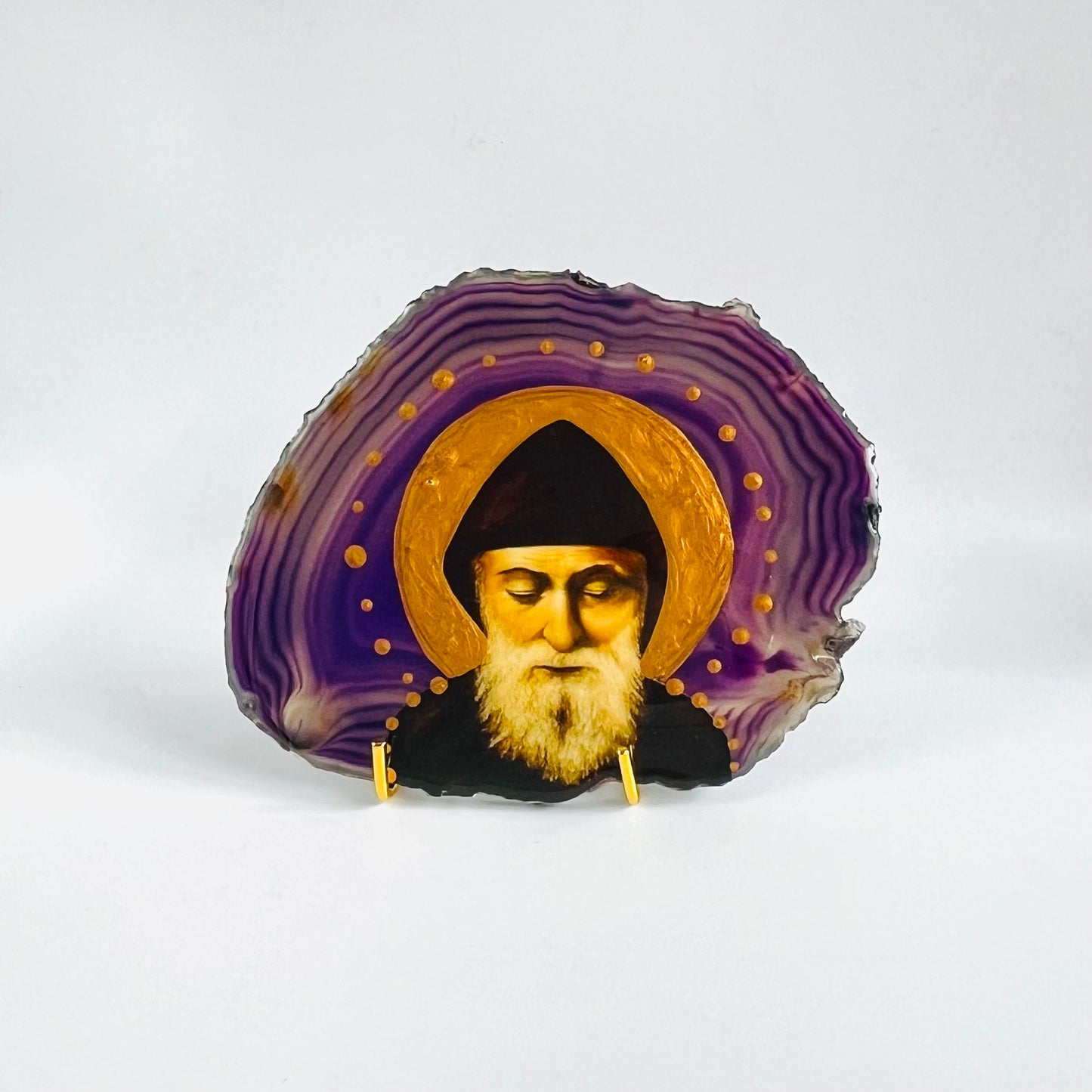 Saint Charbel Maronite Icon - Brazilian Agate Crystal