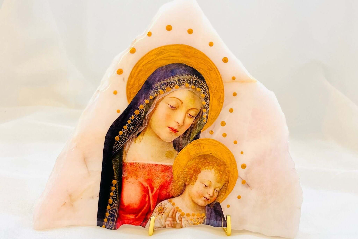 Panayia Mary and Jesus Orthodox Icon on Pink Onyx