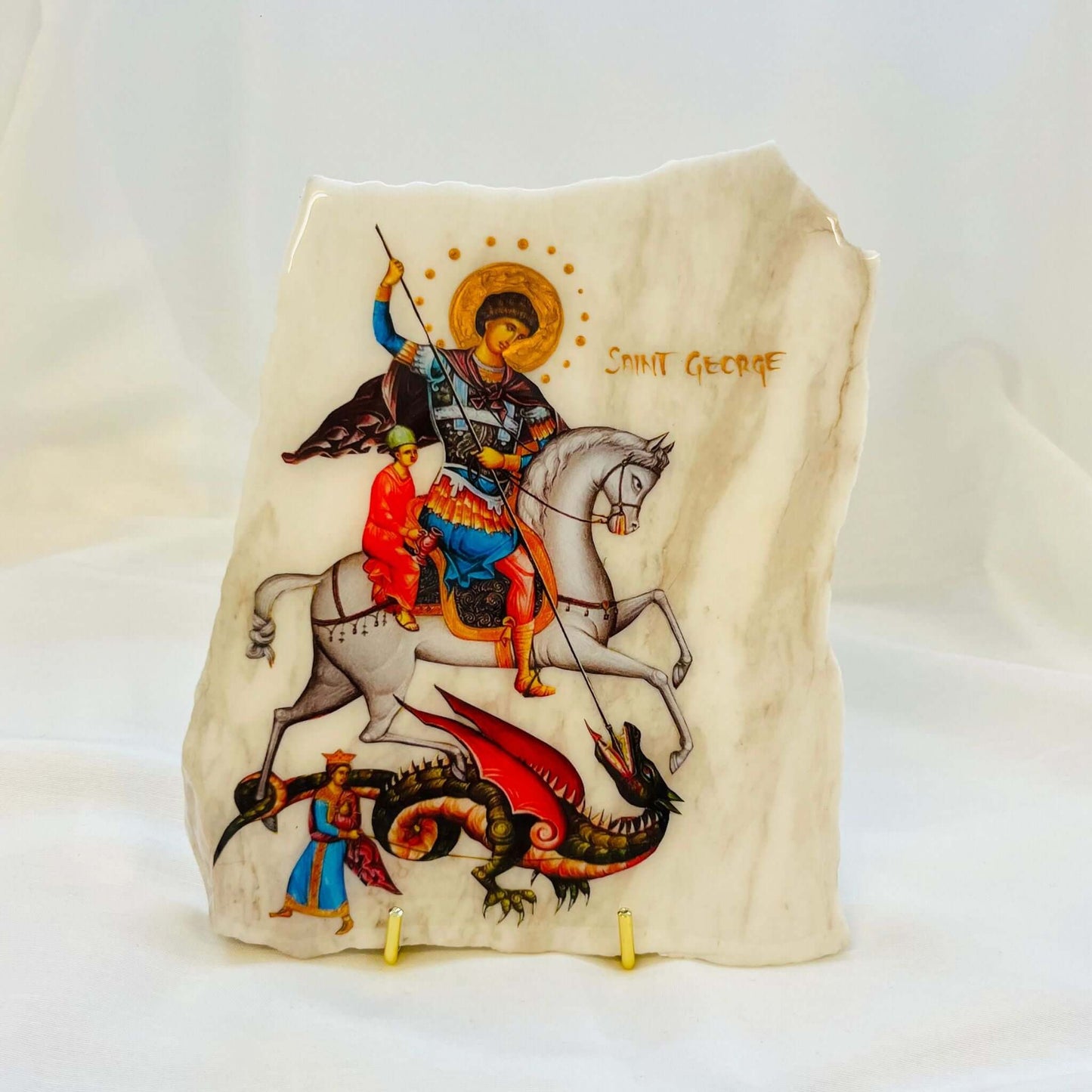 Saint George Orthodox Icon on Calacatta Marble