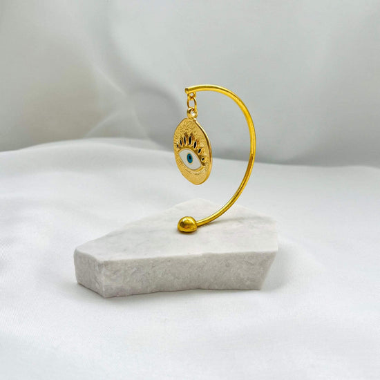 Evil Eye Gold Amulet Plated on White Marble – My Christening Box (Side View)