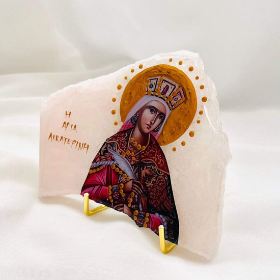 Handcrafted Agia Aikarerini / Saint Katherine Orthodox Icon on Rose Quartz detail