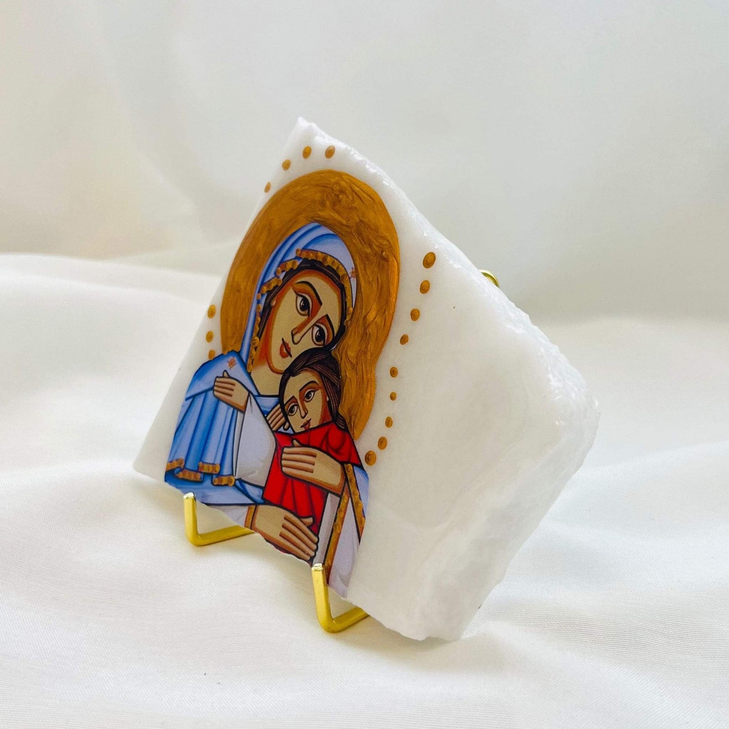 Handcrafted Mary And Jesus Coptic Orthodox Icon in Carrara Marble detail