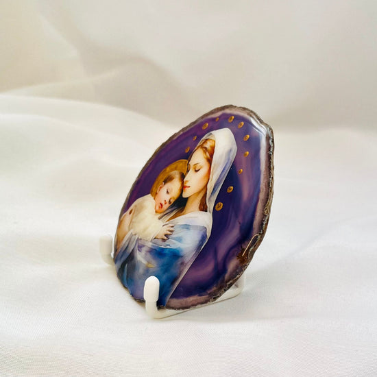Mary and Jesus Catholic Icon - Brazilian Agate Crystal