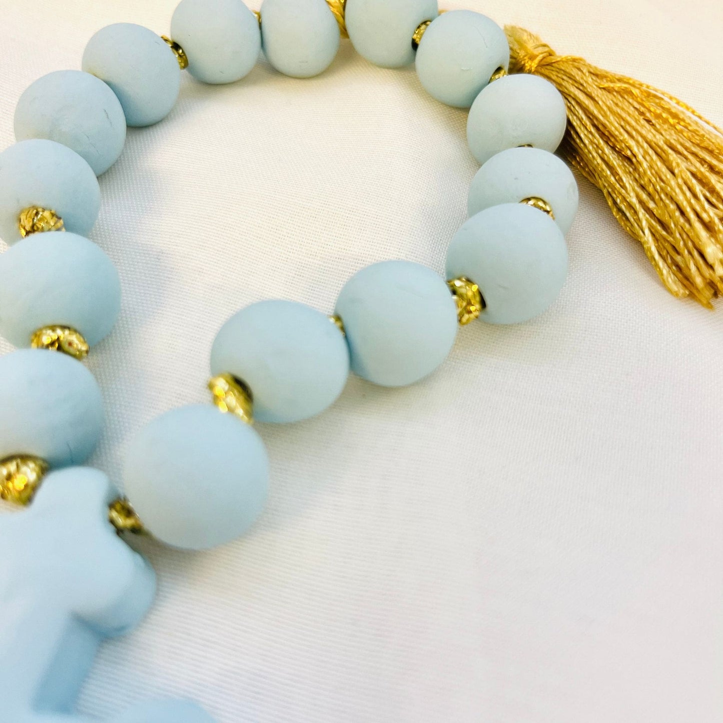 Handmade Clay Orthodox Cross Decorative Komboloi - Baby Blue