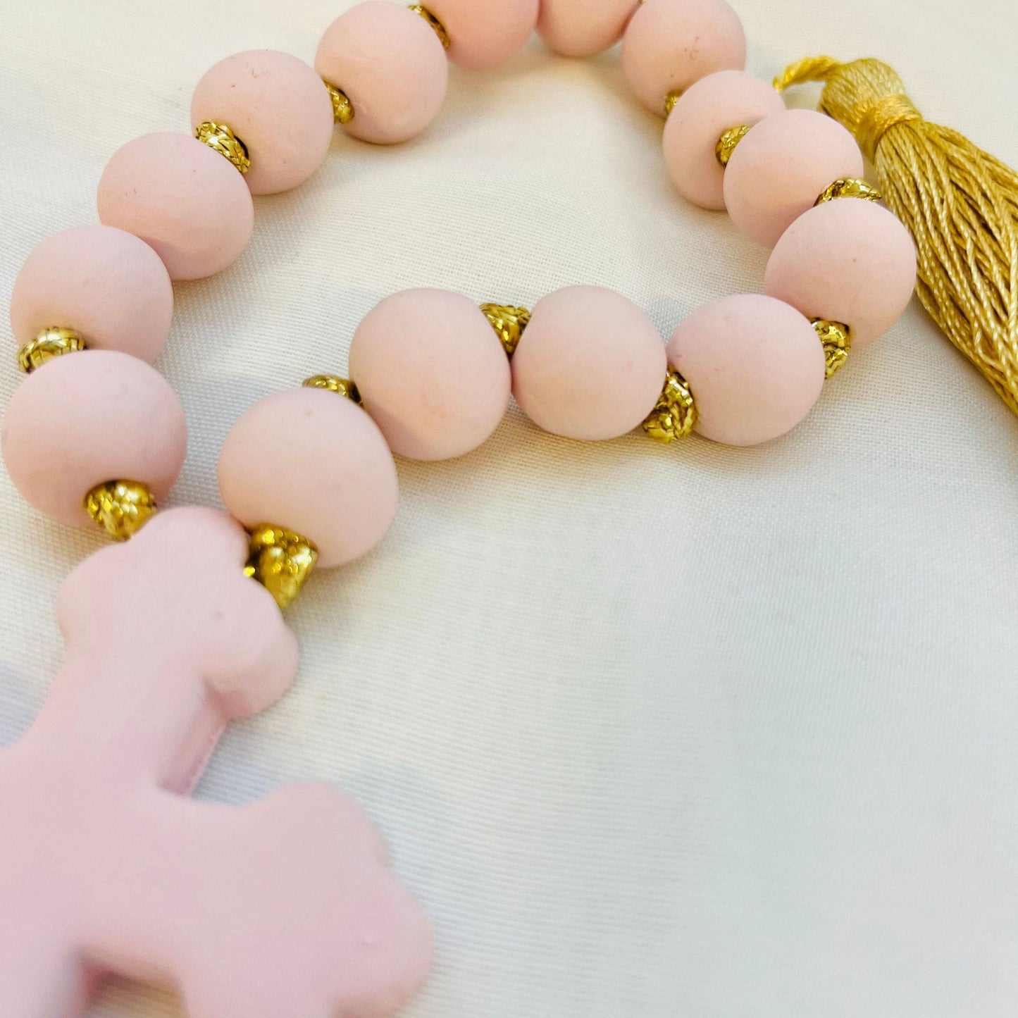 Handmade Clay Orthodox Cross Decorative Komboloi - Soft Pink