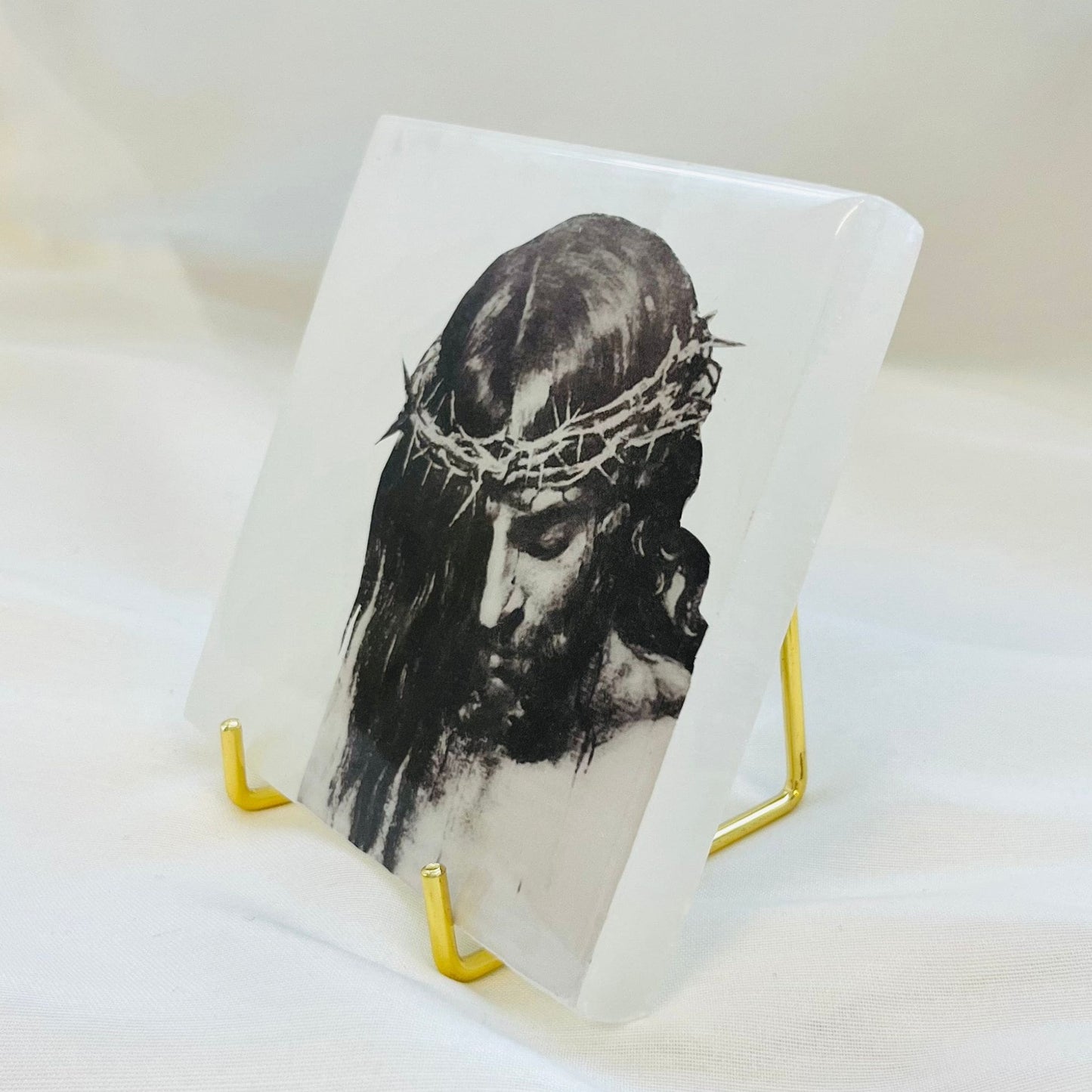 Jesus with Crown of Thorns Catholic Icon - Selenite