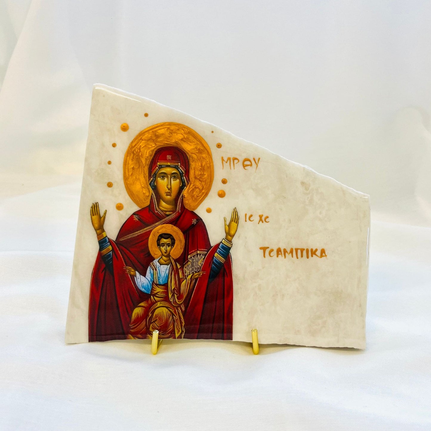 Panayia / Mary and Jesus Orthodox Icon - Cararra Marble