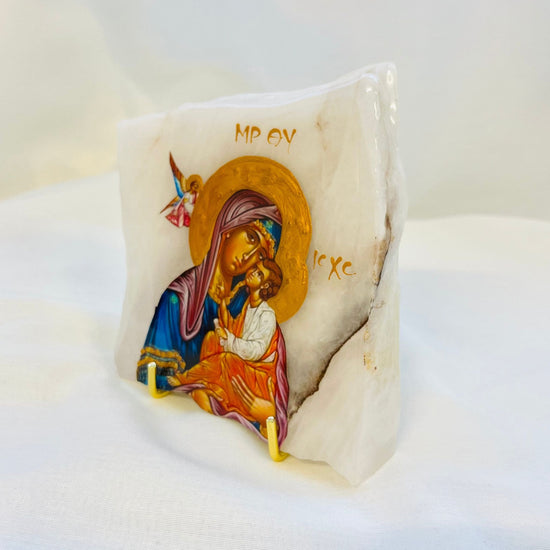 Panayia / Mary and Jesus Orthodox Icon - Pink Onyx