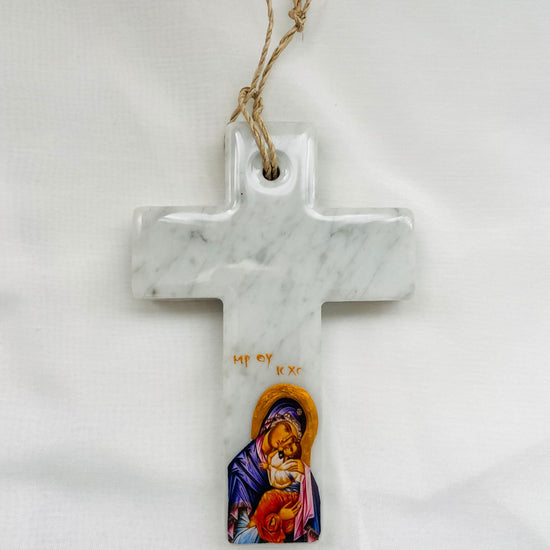 Panayia / Mary with Jesus Cross - Carrara Marble