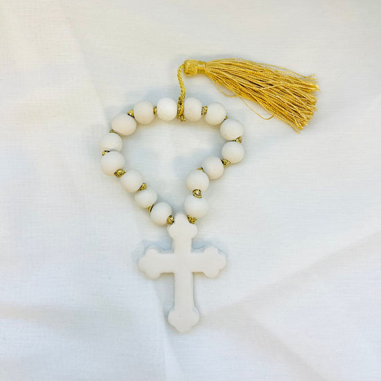 Handmade Clay Orthodox Cross Decorative Komboloi - White