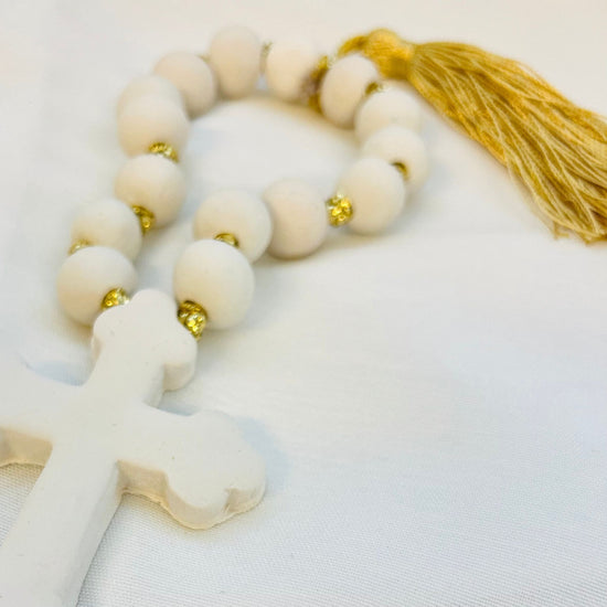Handmade Clay Orthodox Cross Decorative Komboloi - White