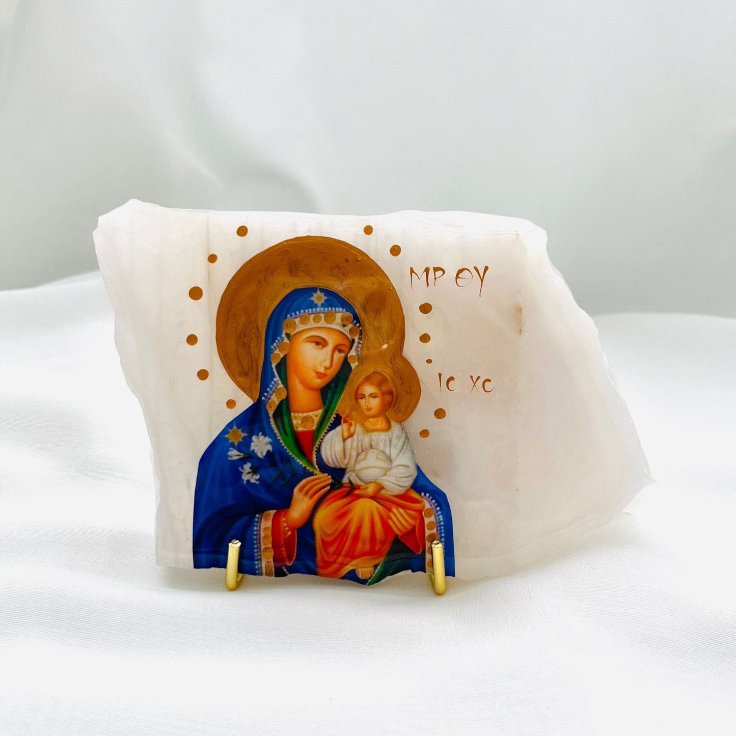 Mary and Jesus Orthodox Icon in Pink Onyx Stone (Front View) – My Christening Box