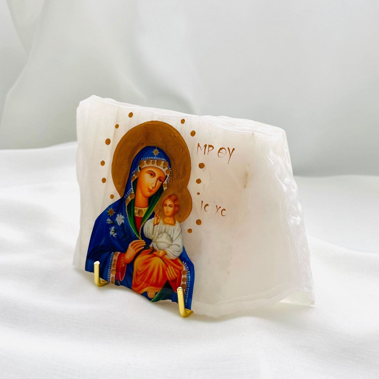 Panayia/Mary and Jesus Orthodox Icon in Pink Onyx Stone (Side View) – My Christening Box