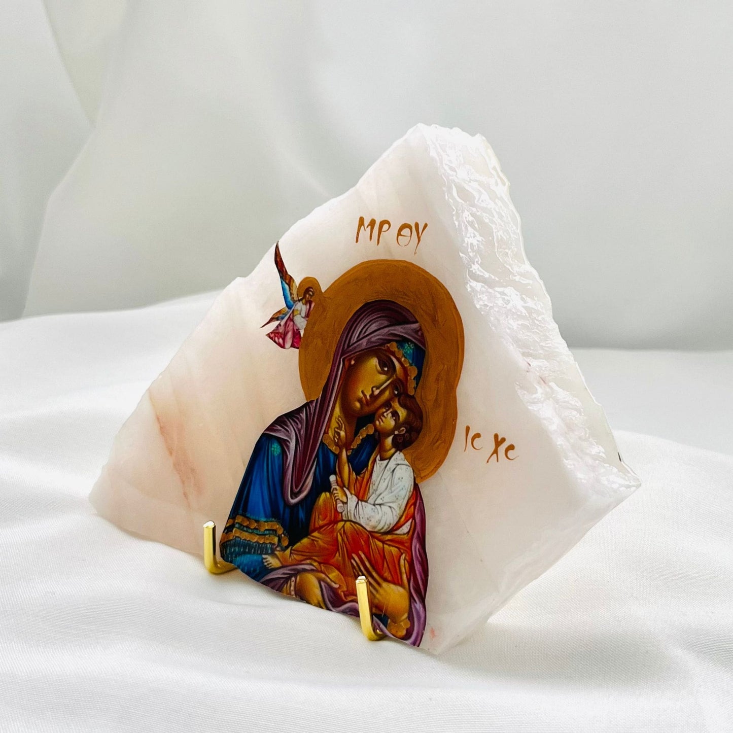 Panayia/Mary and Jesus Orthodox Icon in Pink Onyx Stone (Side View) – My Christening Box