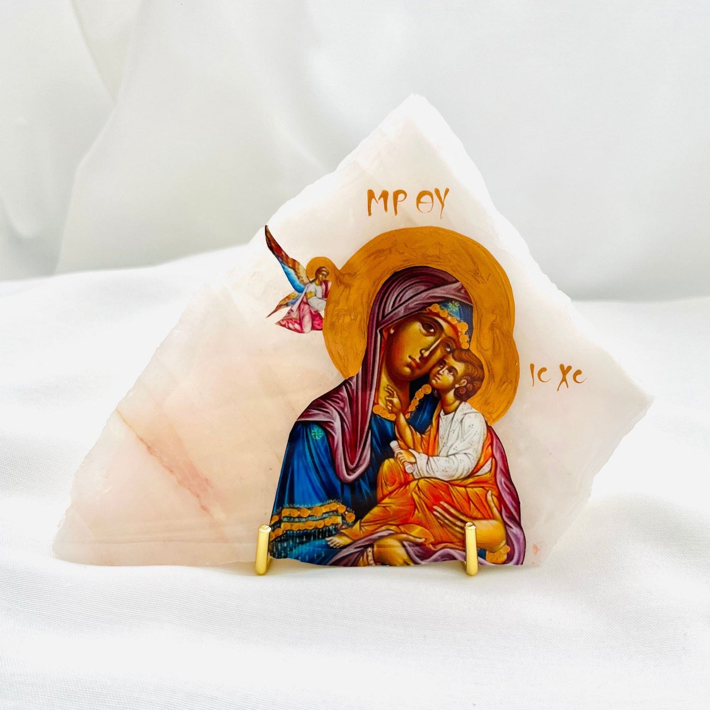 Mary and Jesus Orthodox Icon 2 in Pink Onyx Stone (Front View) – My Christening Box