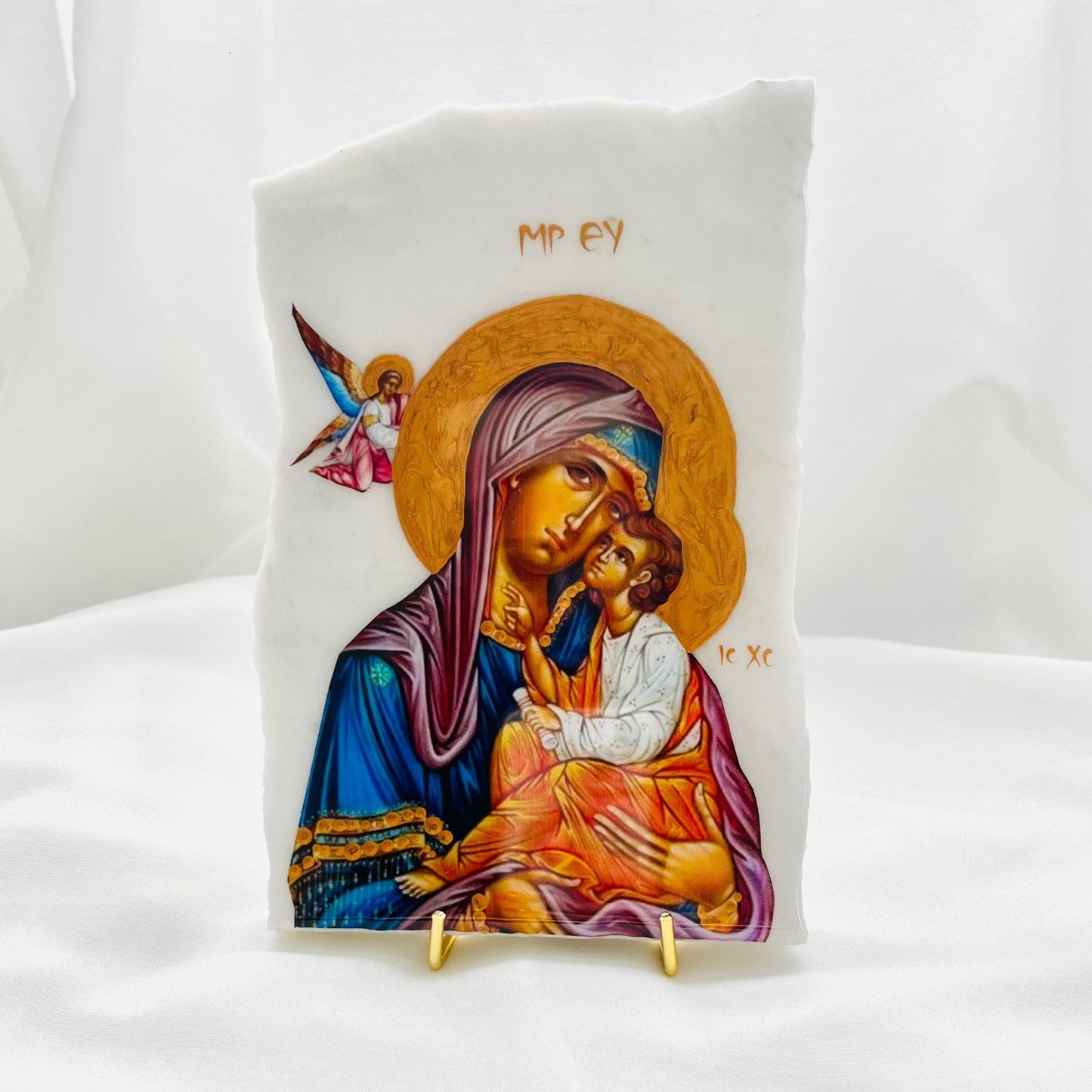 Panayia/ Mary and Jesus Orthodox Icon - Cararra Marble