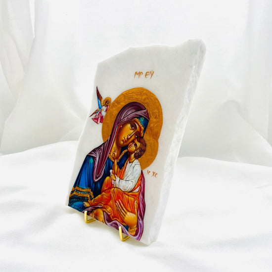 Panayia/ Mary and Jesus Orthodox Icon - Cararra Marble