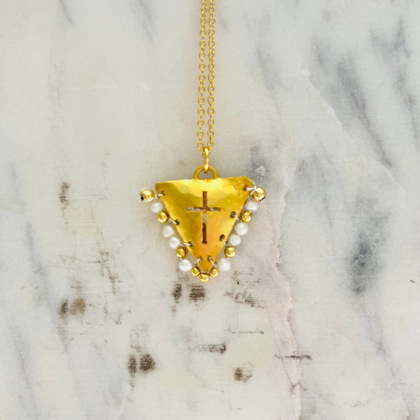 Handcrafted Cross Necklace - Pearl / White